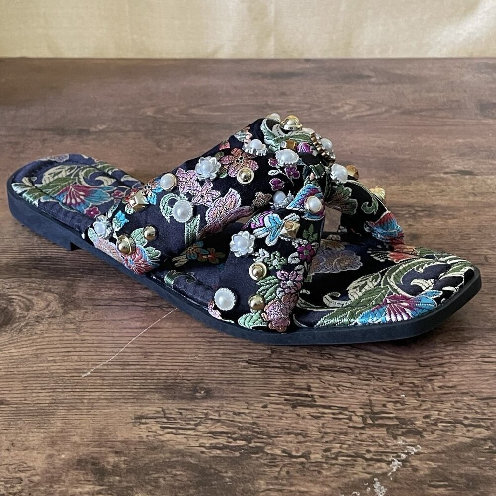 Azalea Wang Womens Ramsey Sandal Sz 7 Black Floral Jacquard Beaded Pearl Crystal - Picture 4 of 13